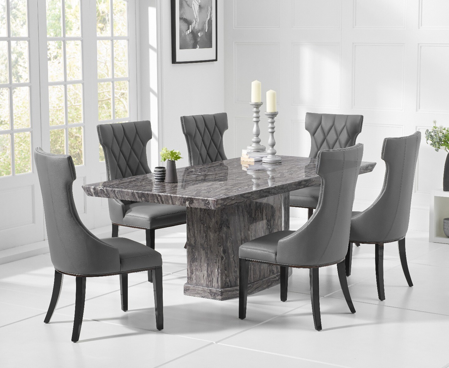 Product photograph of Carvelle 160cm Grey Pedestal Marble Dining Table With 8 Cream Sophia Chairs from Oak Furniture Superstore