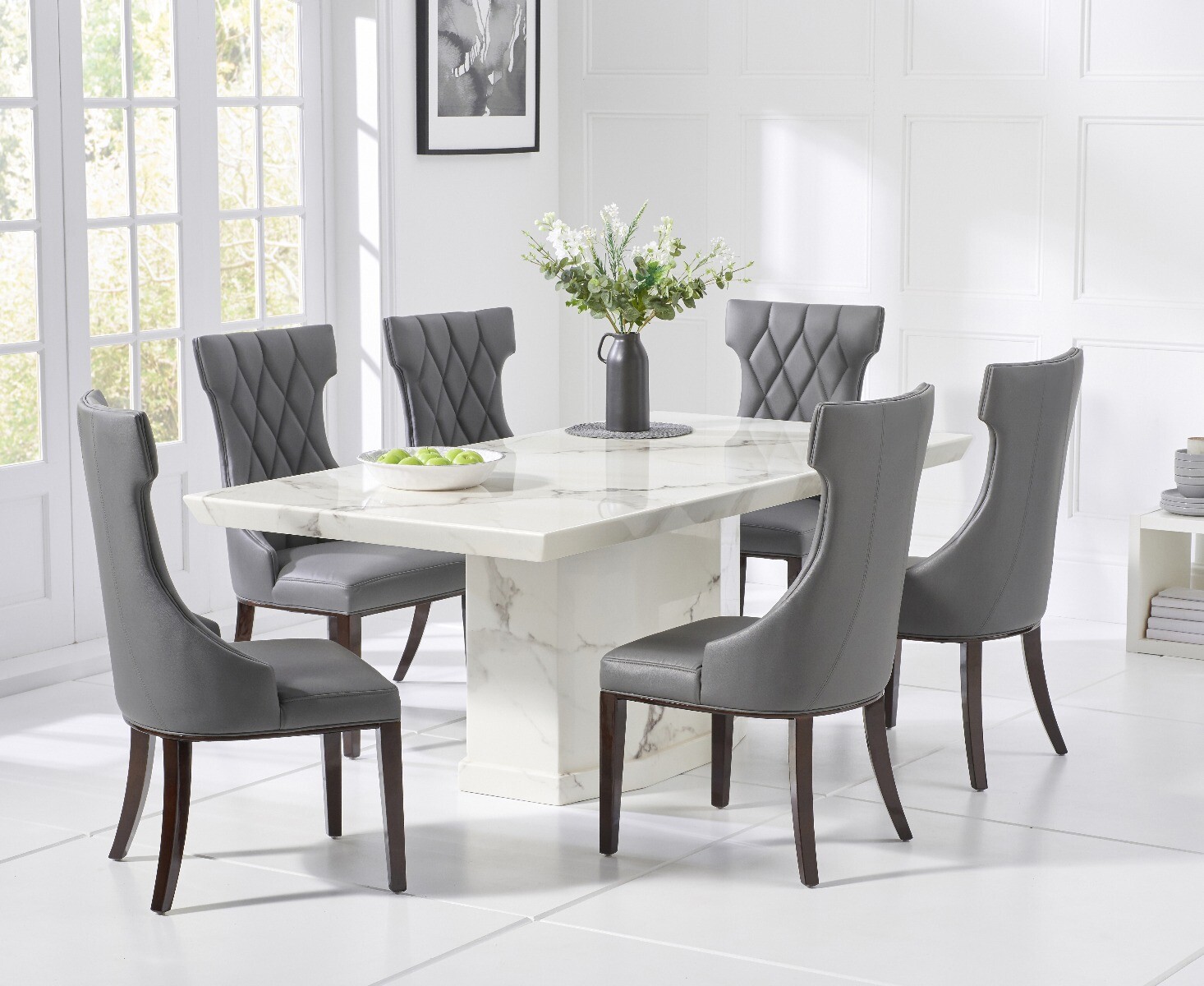 Product photograph of Carvelle 200cm White Pedestal Marble Dining Table With 10 Cream Sophia Chairs from Oak Furniture Superstore
