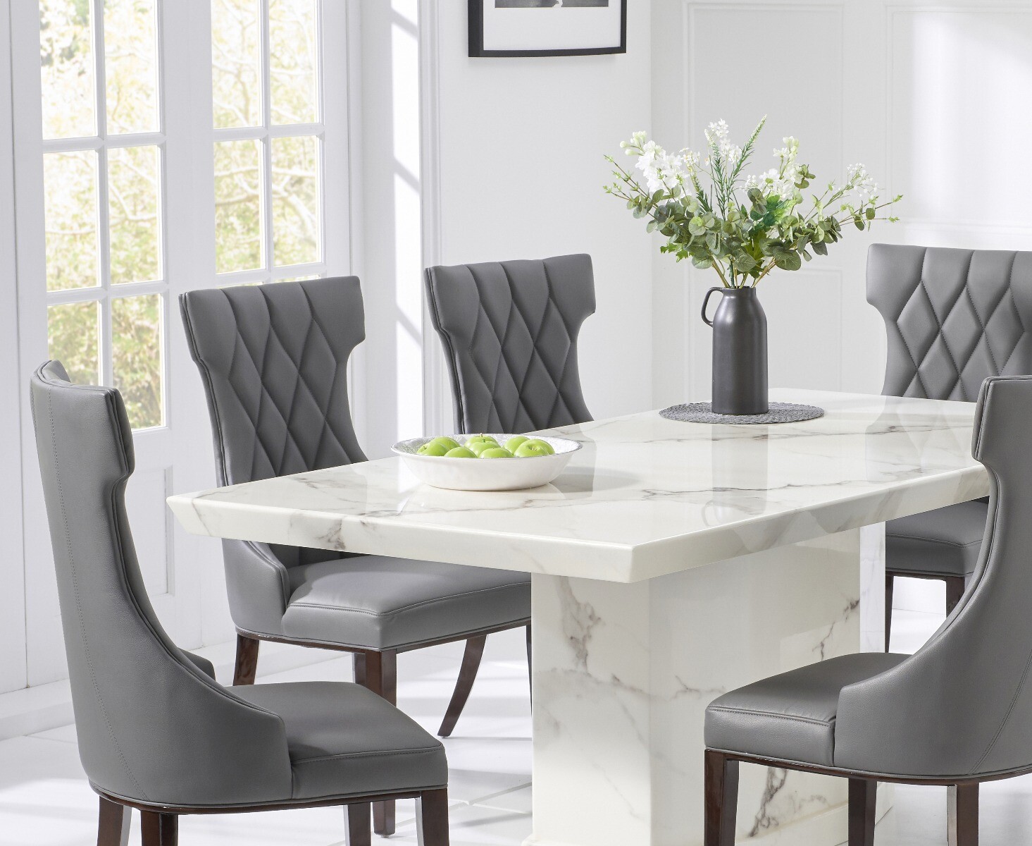 Photo 2 of Carvelle 200cm white pedestal marble dining table with 6 cream sophia chairs