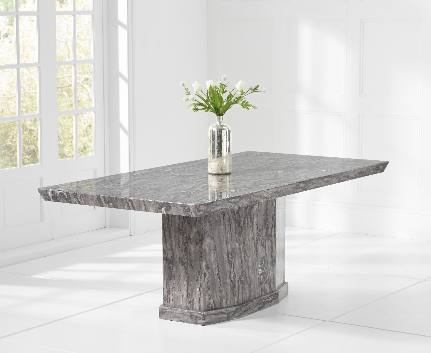 Photo 4 of Carvelle 160cm grey pedestal marble dining table with 4 black austin chairs