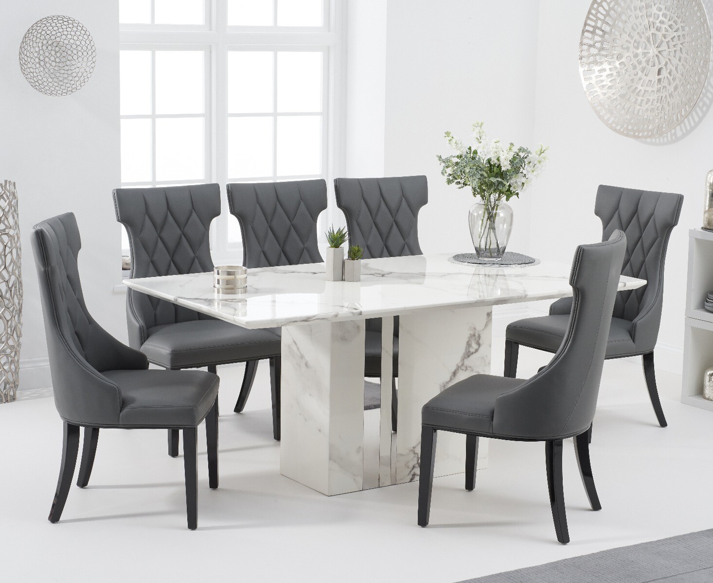 Product photograph of Alicia 180cm White Marble Dining Table With 6 Grey Sophia Chairs from Oak Furniture Superstore