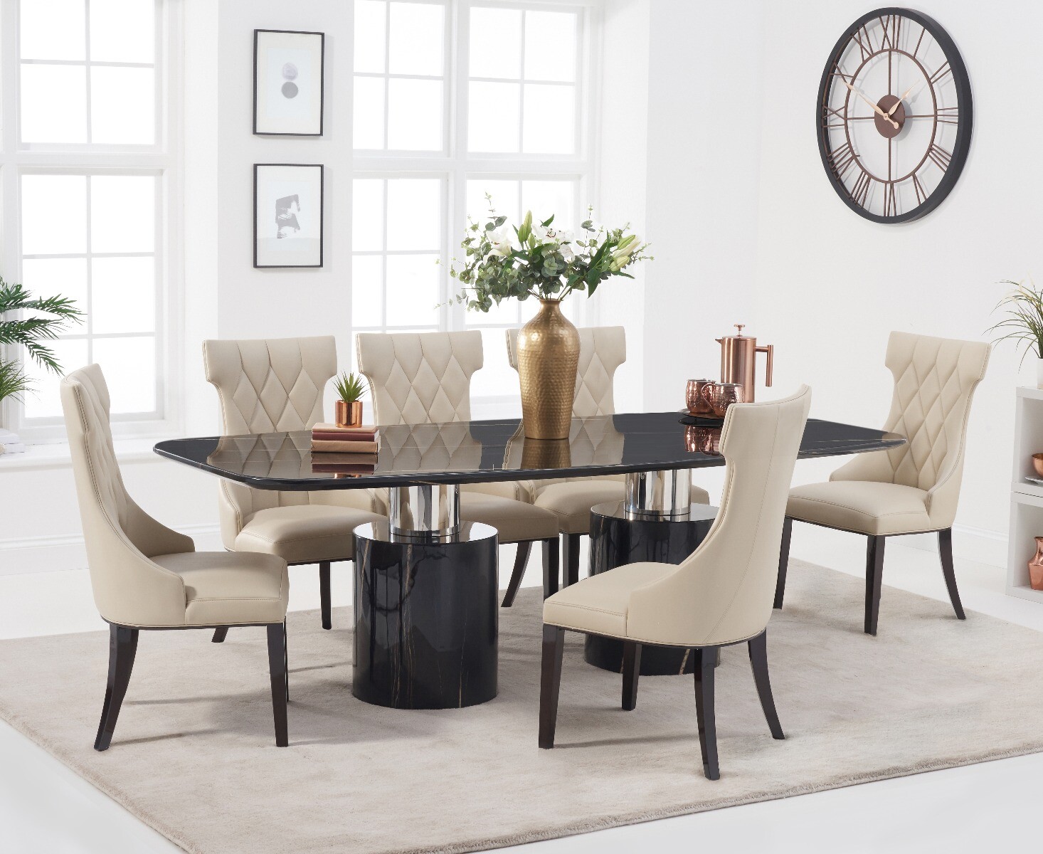 Product photograph of Antonio 220cm Black Marble Dining Table With 10 Cream Sophia Chairs from Oak Furniture Superstore