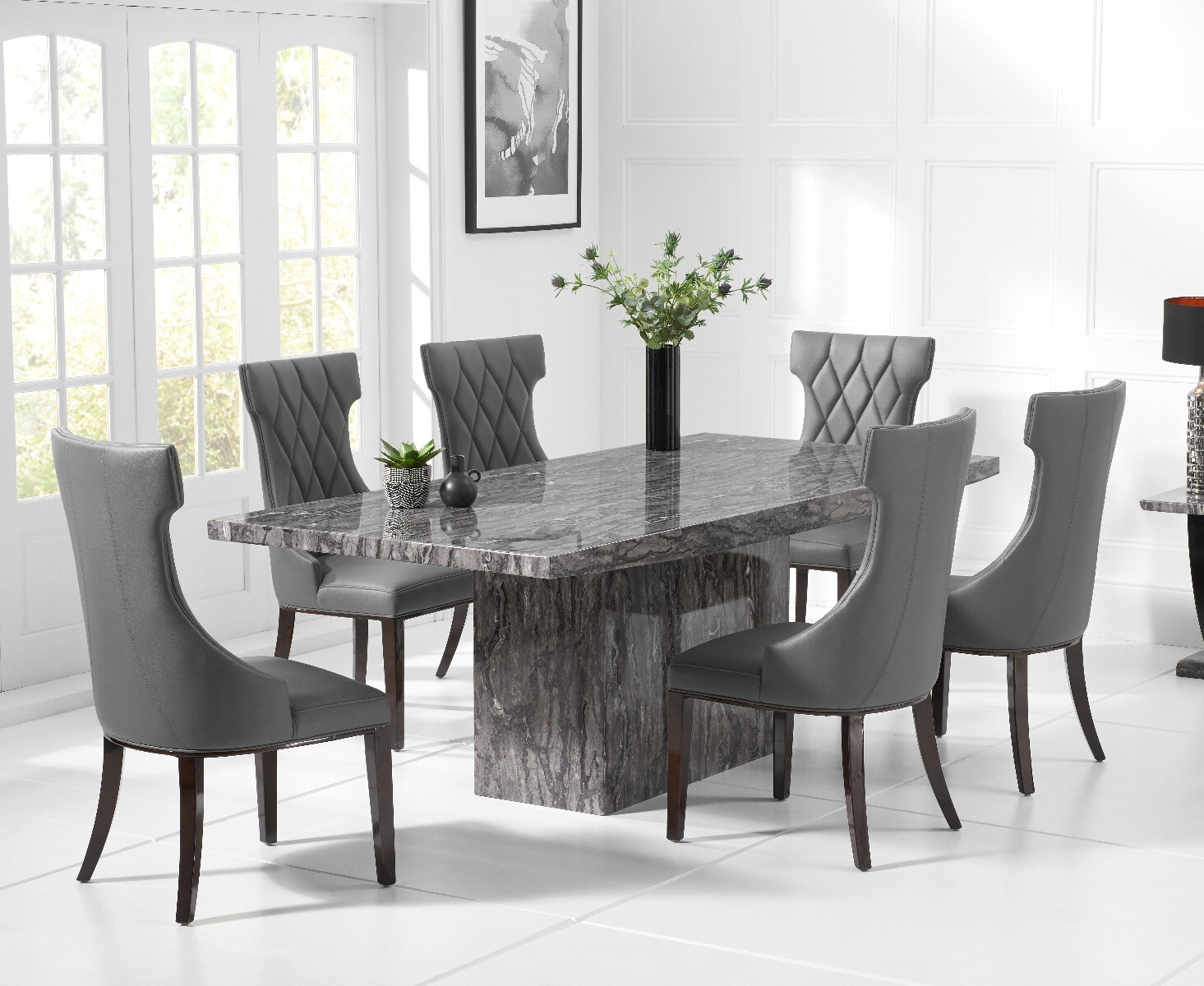 Product photograph of Crema 160cm Grey Marble Dining Table With 6 Cream Sophia Chairs from Oak Furniture Superstore