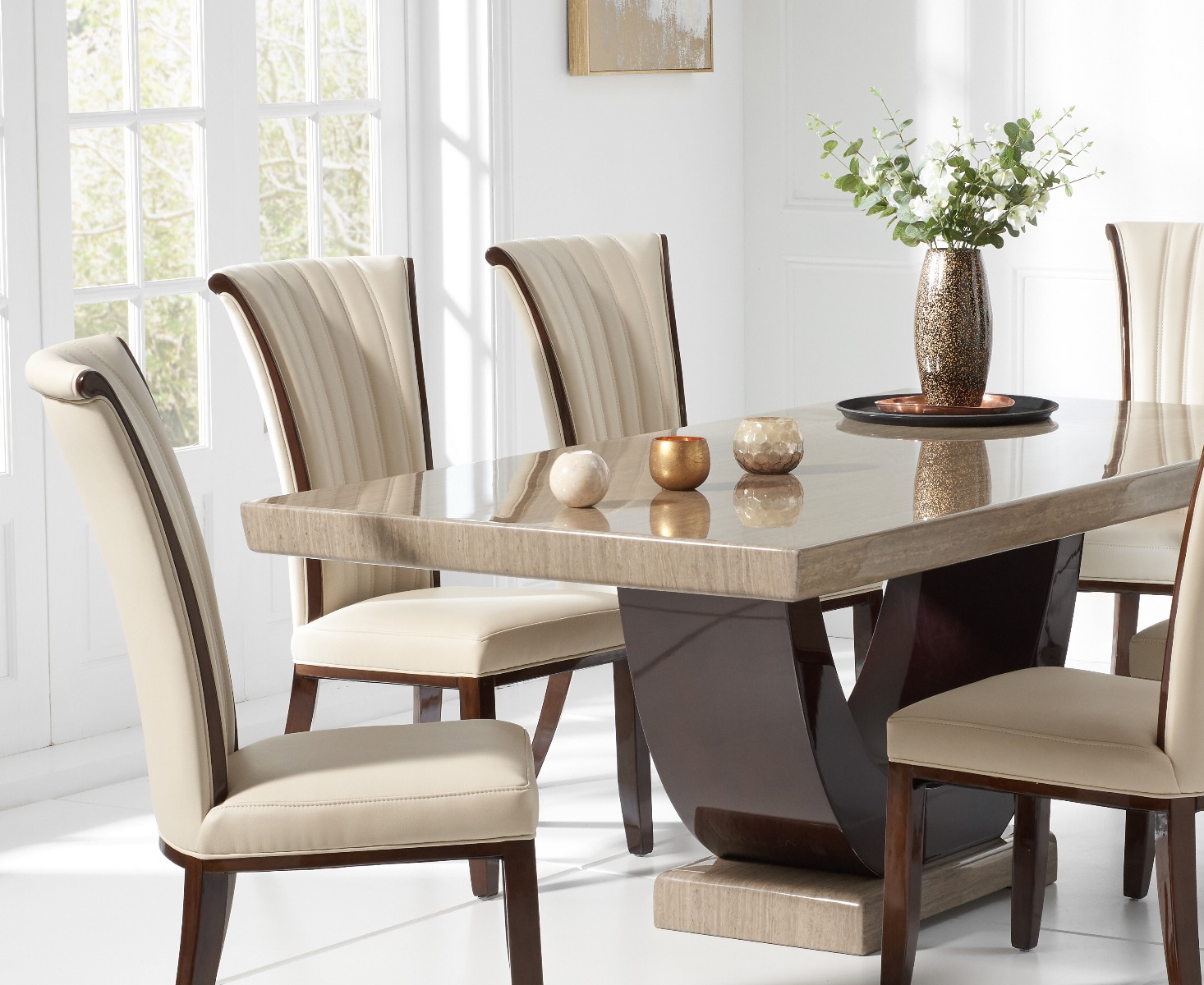Photo 3 of Novara 170cm brown pedestal marble dining table with 4 cream lorient chairs