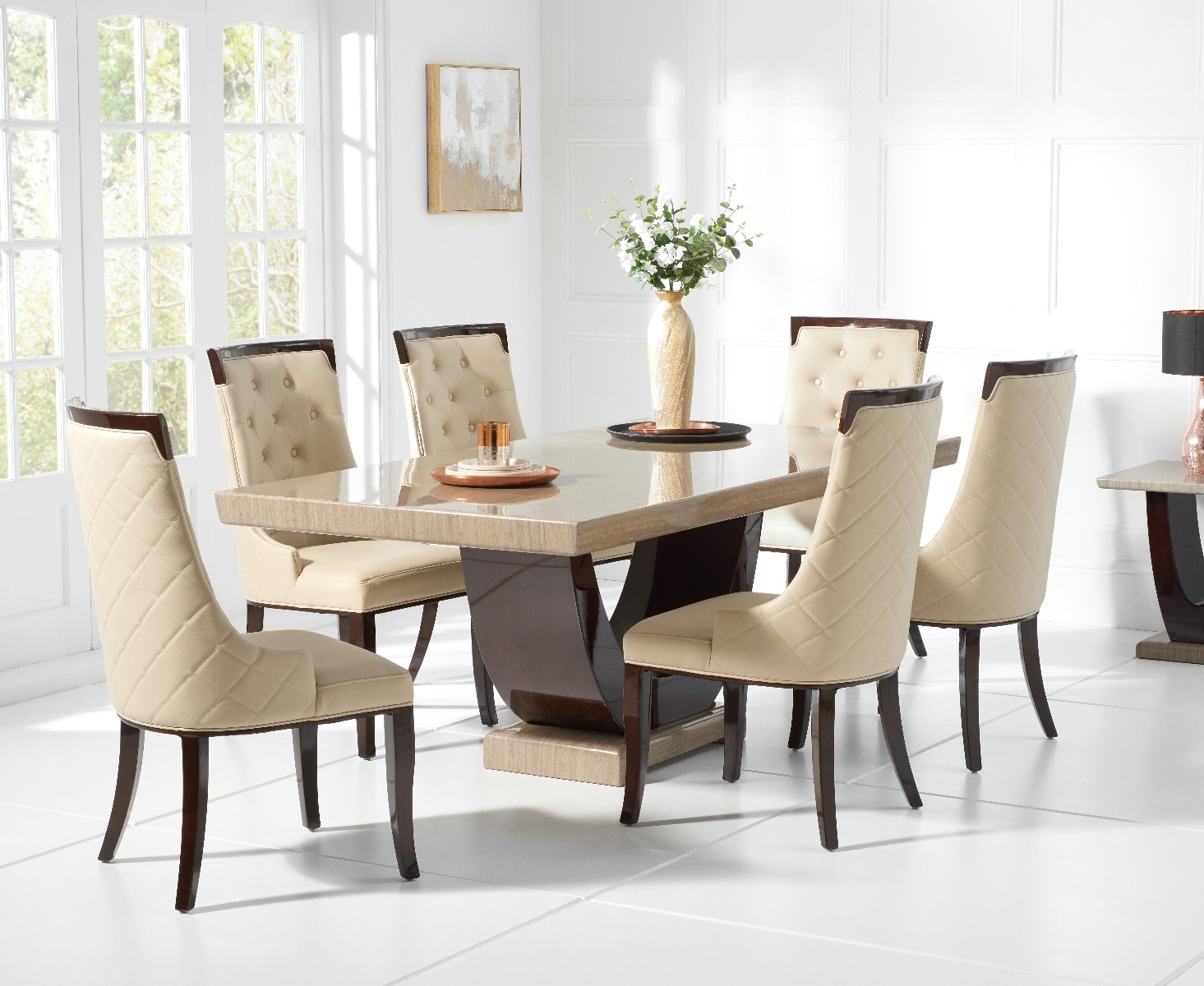 Novara 170cm Brown Pedestal Marble Dining Table With 4 Cream Francesca Chairs