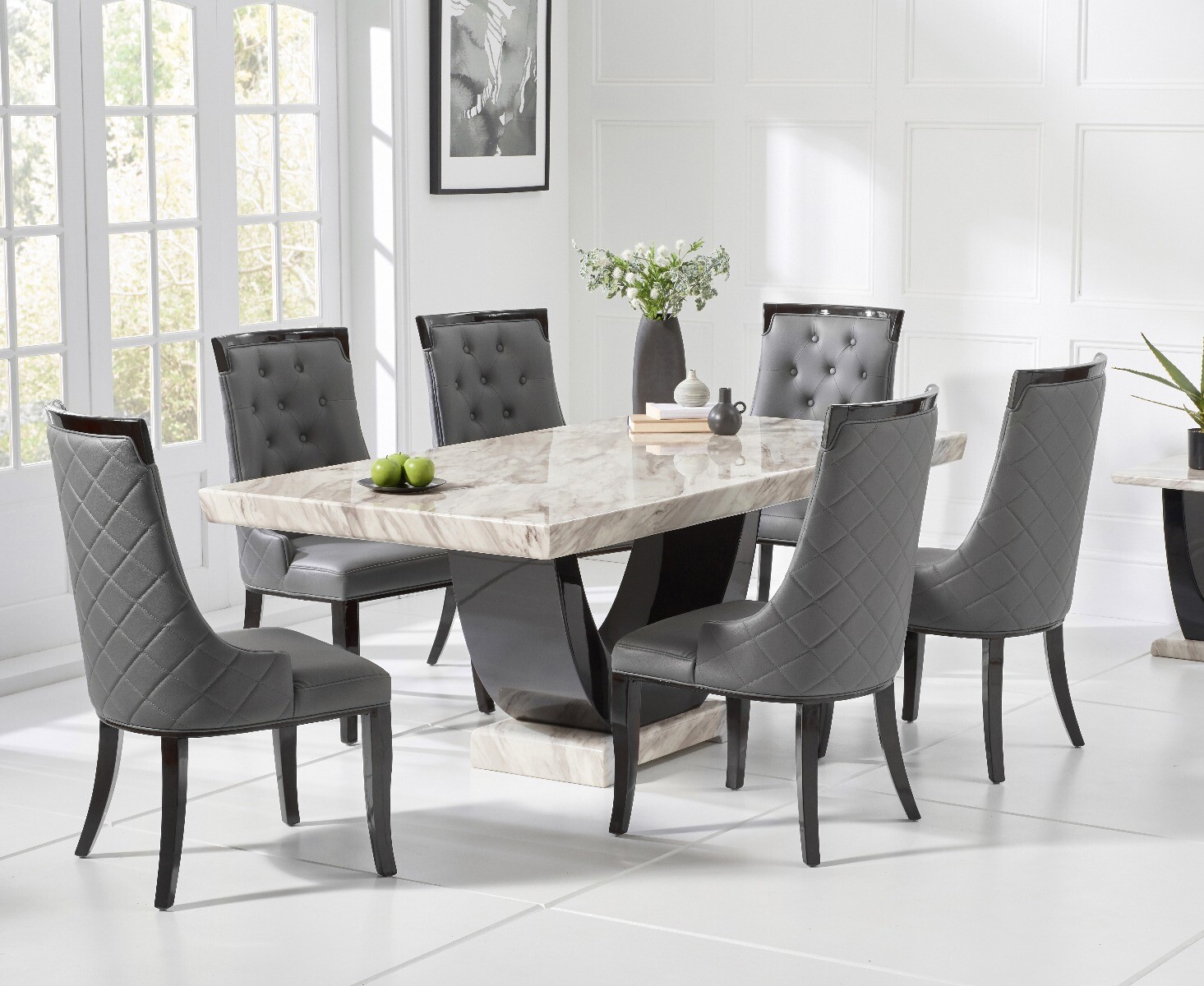 Product photograph of Raphael 170cm Cream And Black Pedestal Marble Dining Table With 6 Grey Francesca Chairs from Oak Furniture Superstore