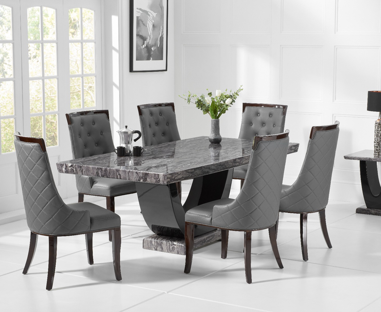 Raphael 170cm Dark Grey Pedestal Marble Dining Table With 6 Cream Francesca Chairs