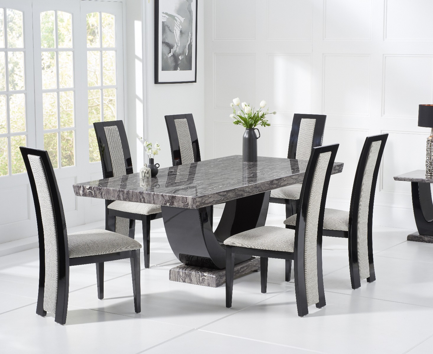 Product photograph of Novara 200cm Dark Grey Pedestal Marble Dining Table With 6 Black Novara Chairs from Oak Furniture Superstore