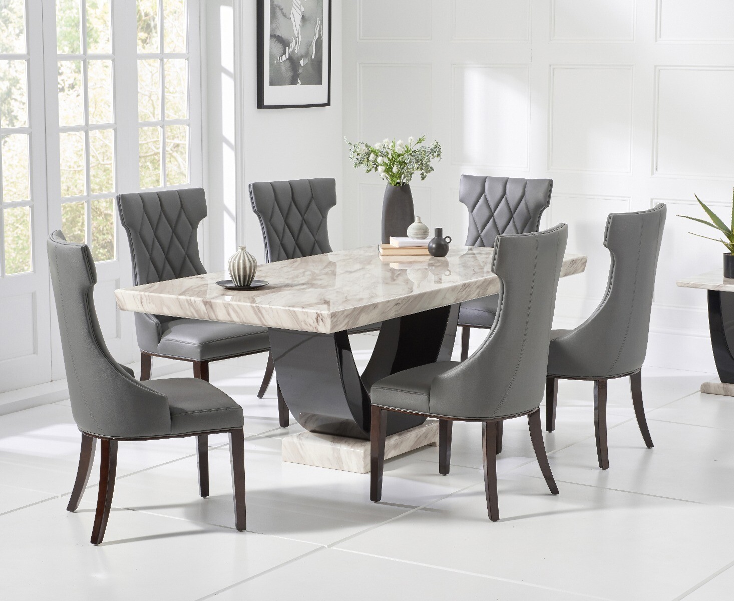 Raphael 170cm Cream And Black Pedestal Marble Dining Table With 6 Cream Sophia Chairs