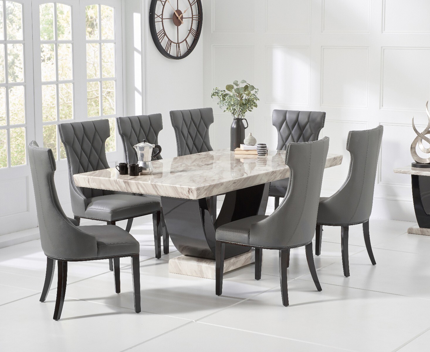 Novara 200cm Cream And Black Pedestal Marble Dining Table With 10 Grey Sophia Chairs