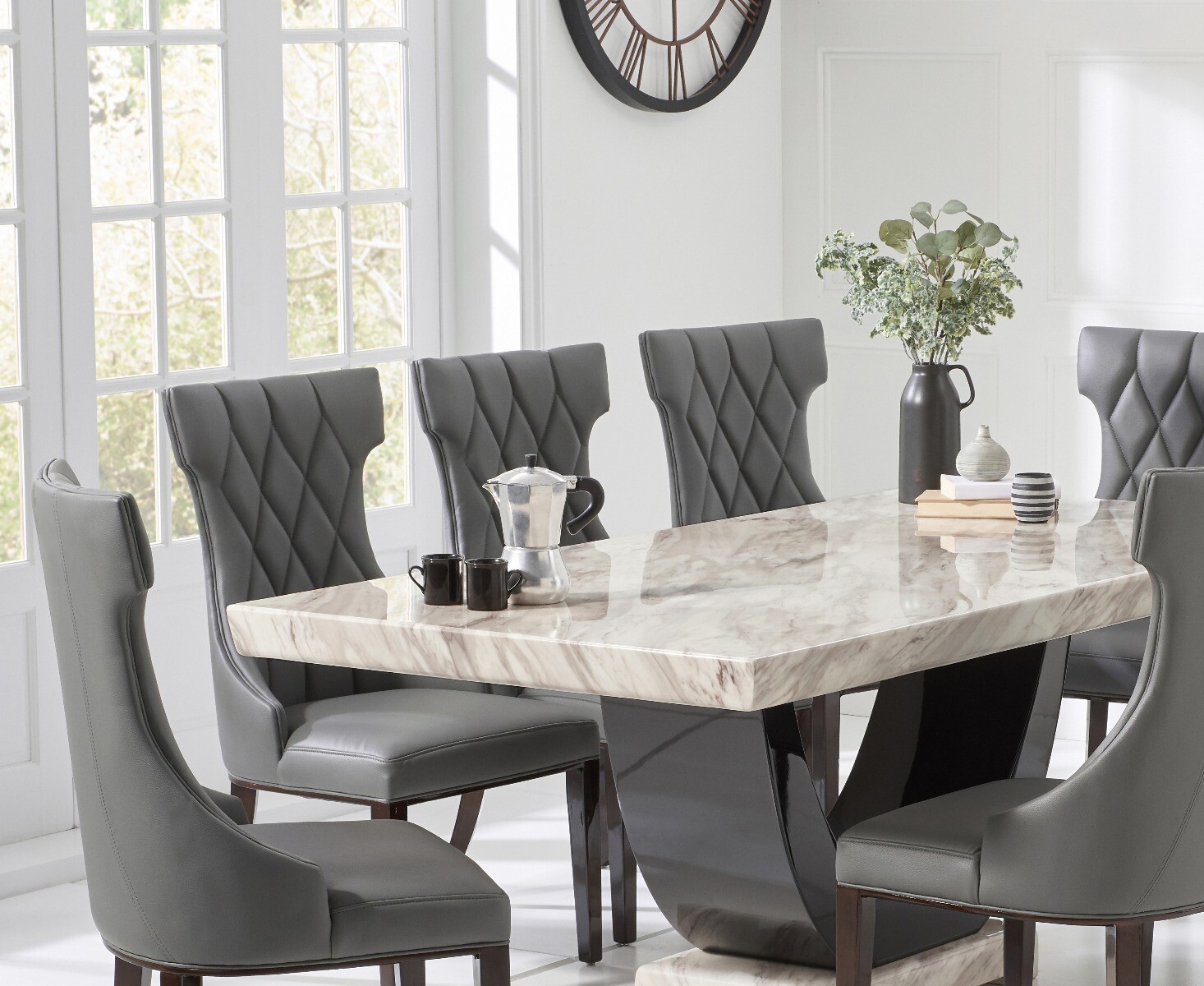 Photo 3 of Novara 200cm cream and black pedestal marble dining table with 6 grey sophia chairs