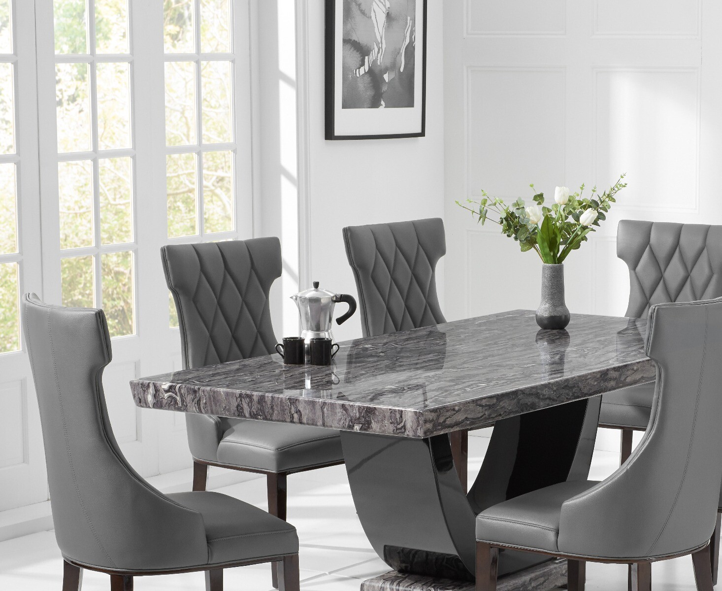 Photo 3 of Raphael 170cm dark grey pedestal marble dining table with 6 cream sophia chairs