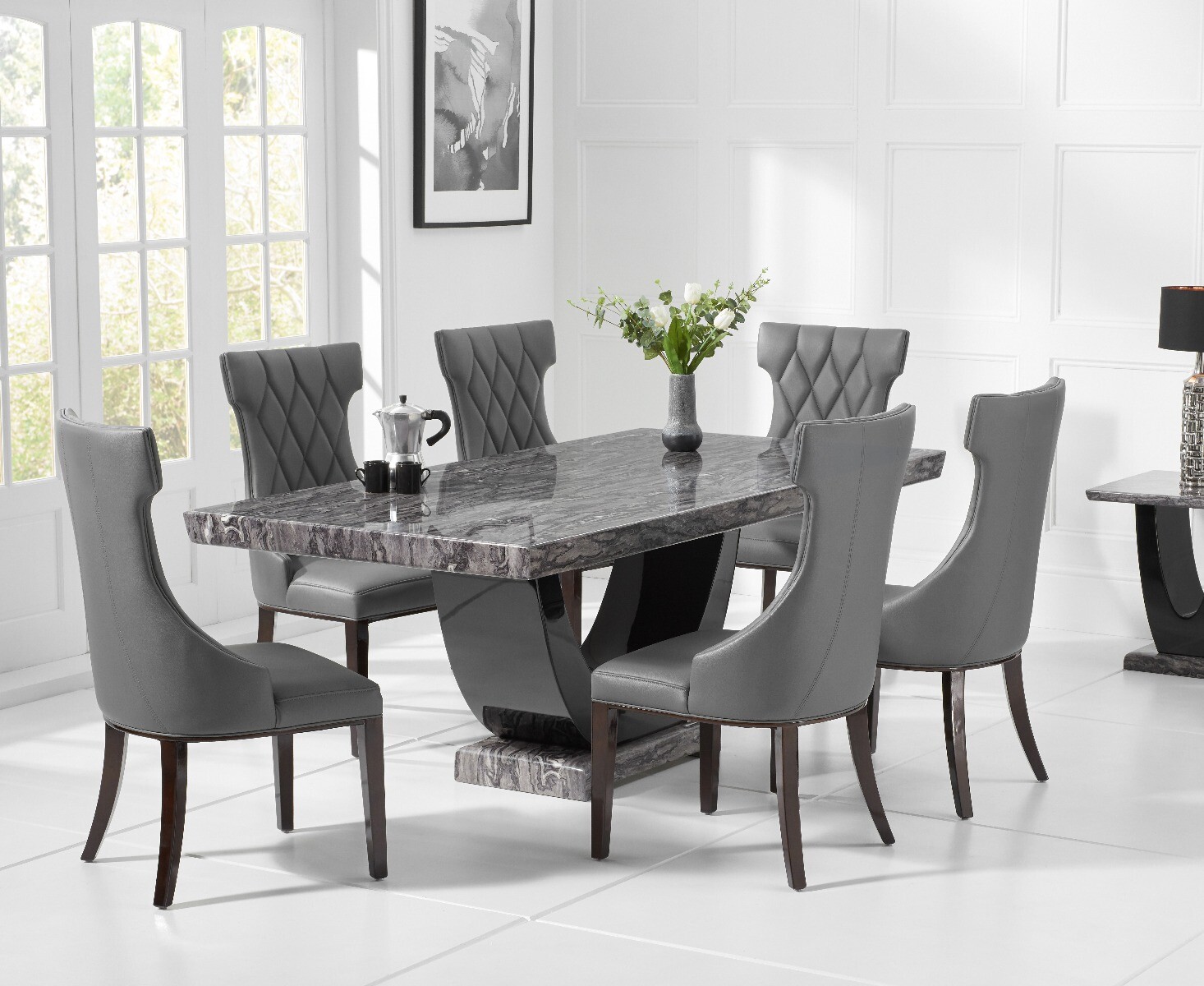 Product photograph of Novara 200cm Dark Grey Pedestal Marble Dining Table With 6 Cream Sophia Chairs from Oak Furniture Superstore