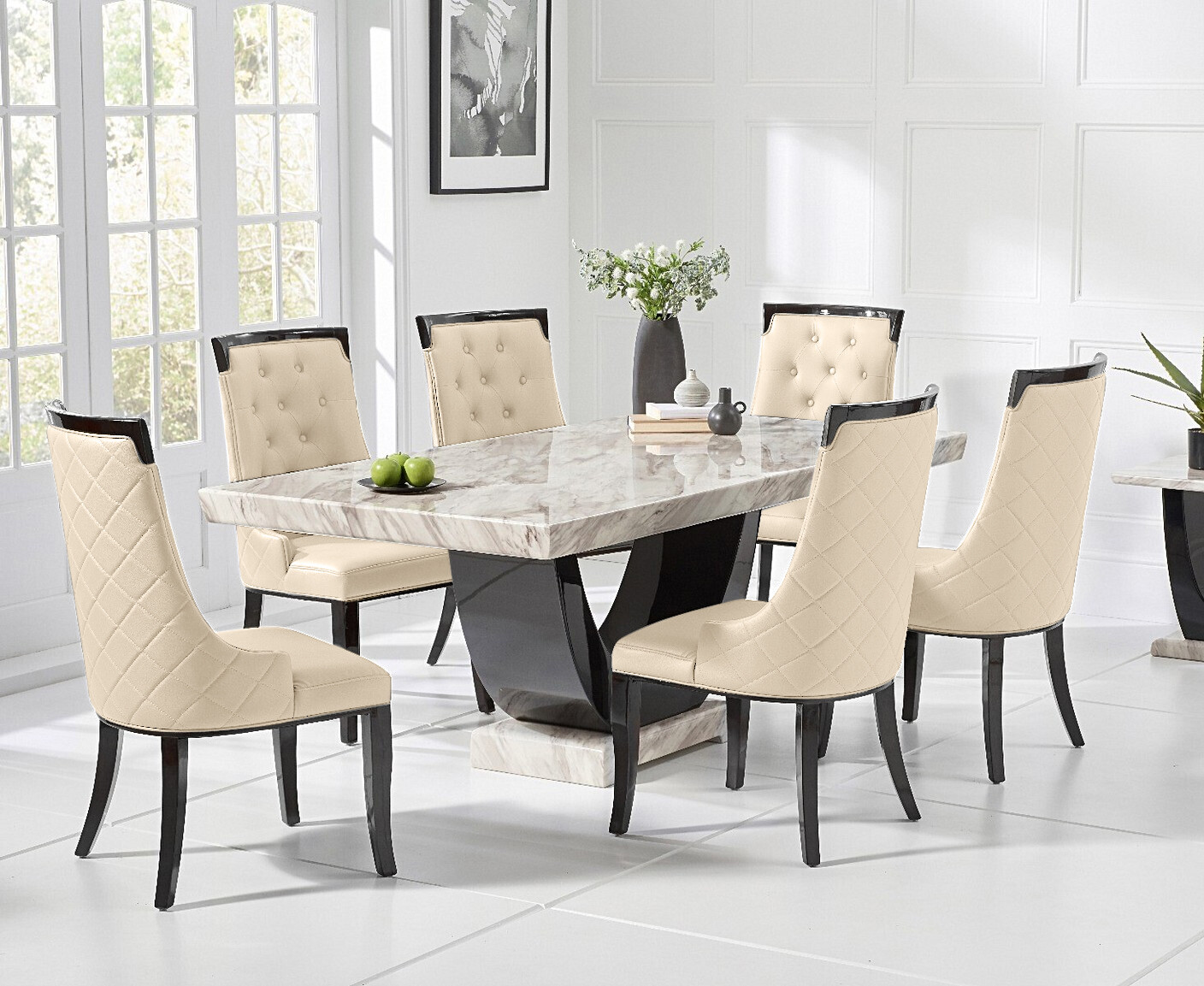Photo 2 of Raphael 170cm cream and black pedestal marble dining table with 6 grey francesca chairs