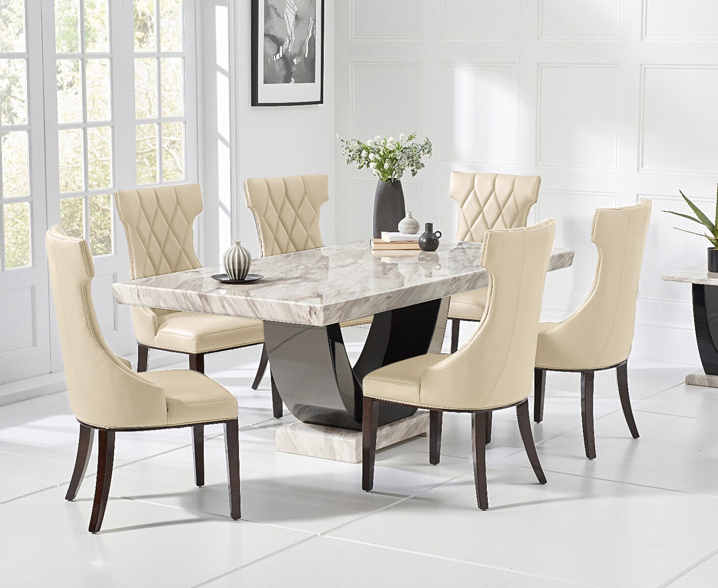 Photo 2 of Raphael 170cm cream and black pedestal marble dining table with 4 cream sophia chairs