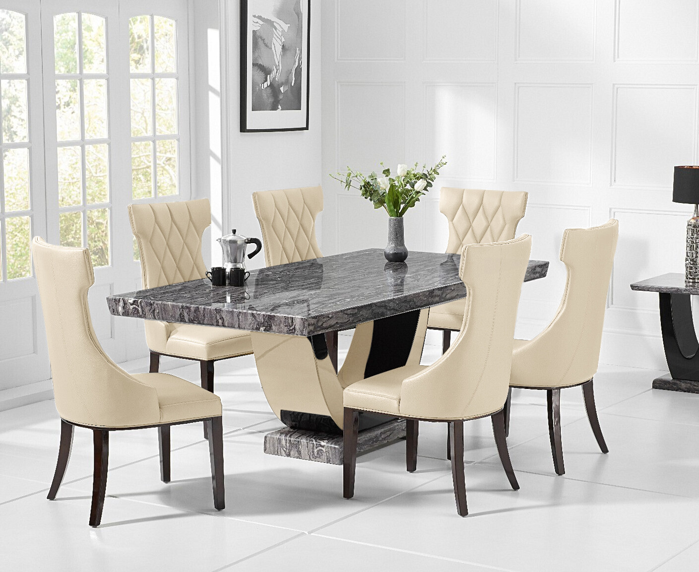 Photo 2 of Raphael 170cm dark grey pedestal marble dining table with 6 cream sophia chairs