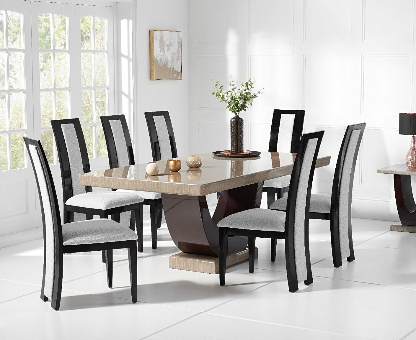 Photo 2 of Novara 200cm brown pedestal marble dining table with 6 black novara chairs
