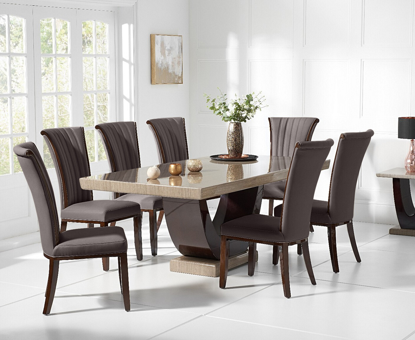Photo 1 of Raphael 200cm brown pedestal marble dining table with 12 cream lorient chairs