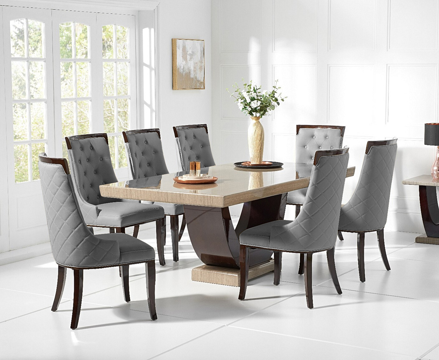 Photo 3 of Novara 200cm brown pedestal marble dining table with 8 grey francesca chairs