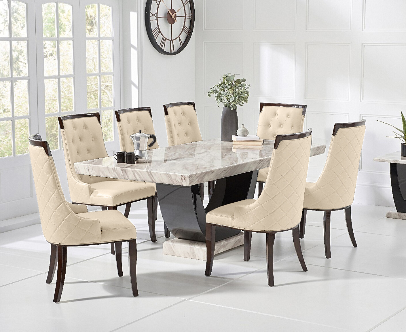 Photo 2 of Novara 200cm cream and black pedestal marble dining table with 8 cream francesca chairs