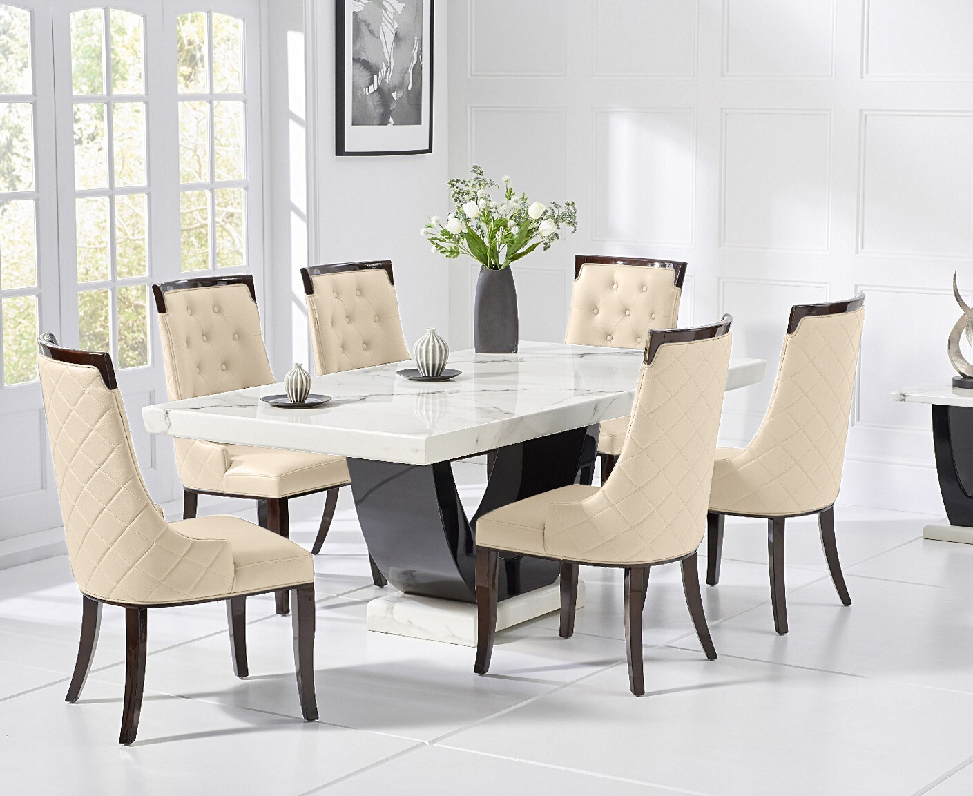 Photo 3 of Raphael 200cm white and black pedestal marble dining table with 6 grey francesca chairs