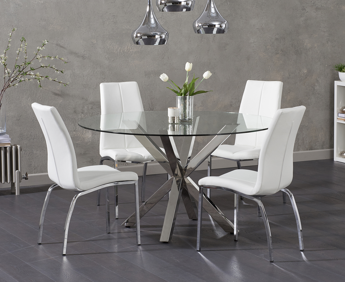 Photo 2 of Rodin round glass dining table with 6 white marco chairs