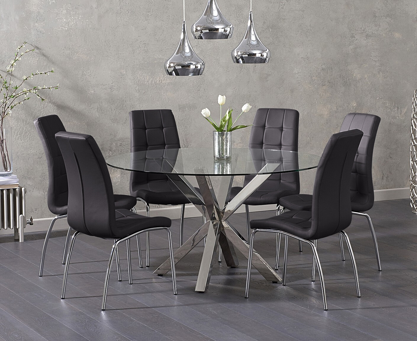 Photo 1 of Rodin round glass dining table with 4 white enzo chairs