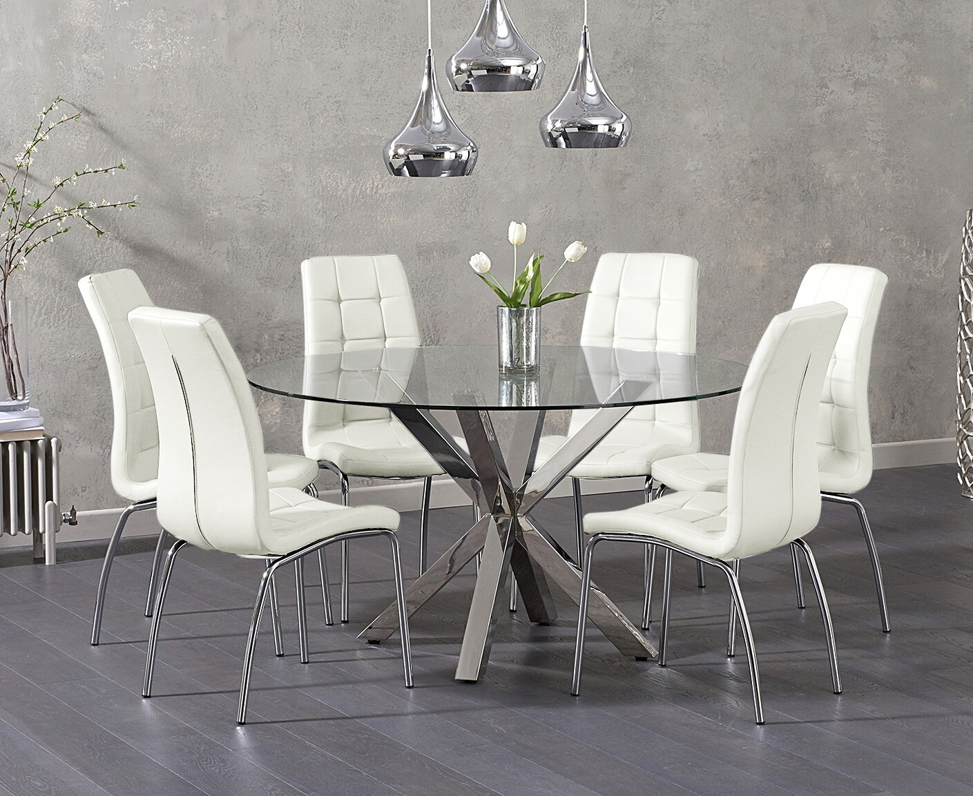 Photo 2 of Rodin round glass dining table with 6 cream enzo chairs