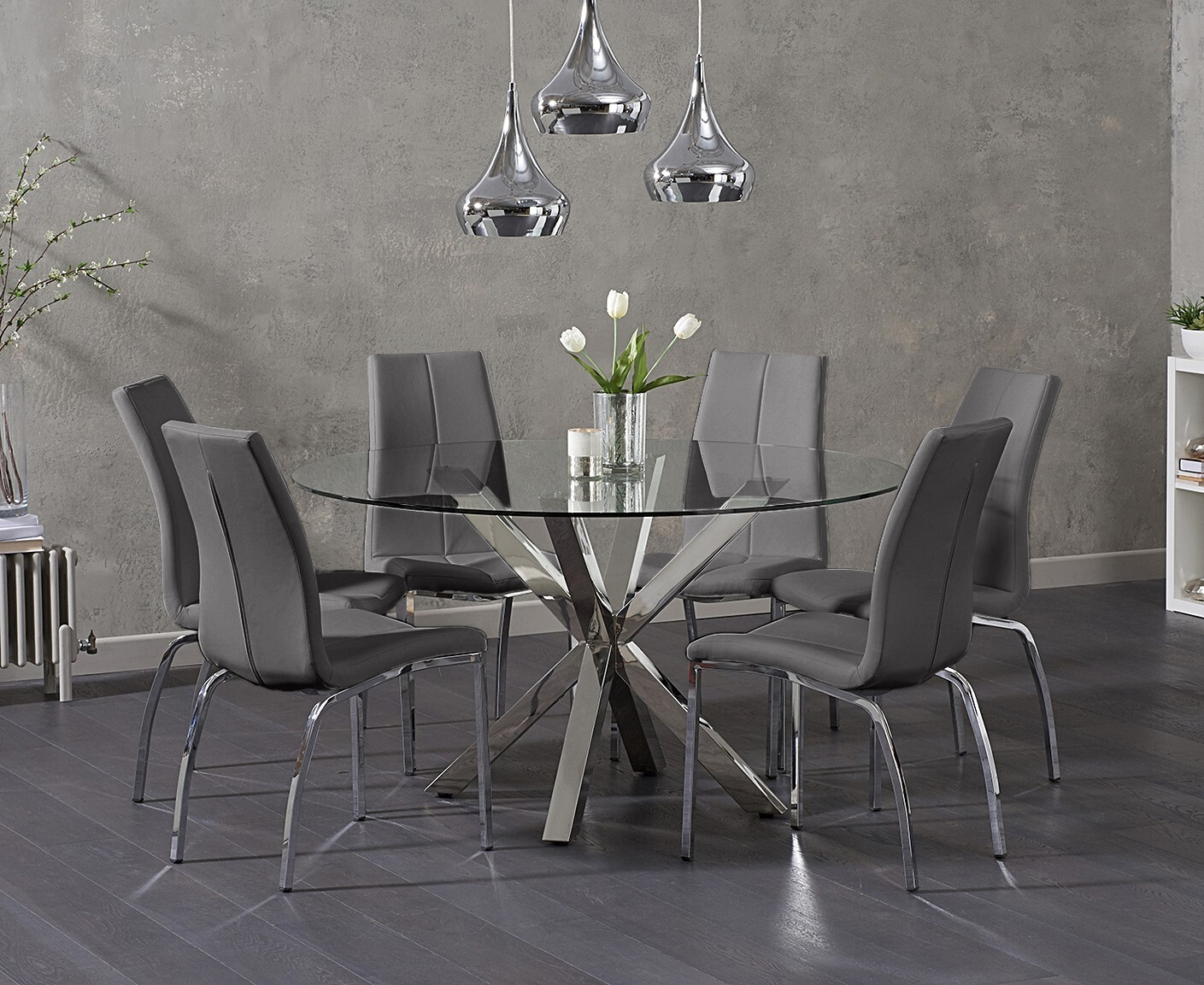 Photo 3 of Rodin round glass dining table with 4 grey marco chairs