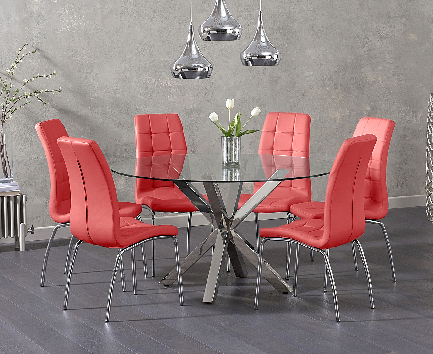 Photo 3 of Rodin round glass dining table with 4 red enzo chairs
