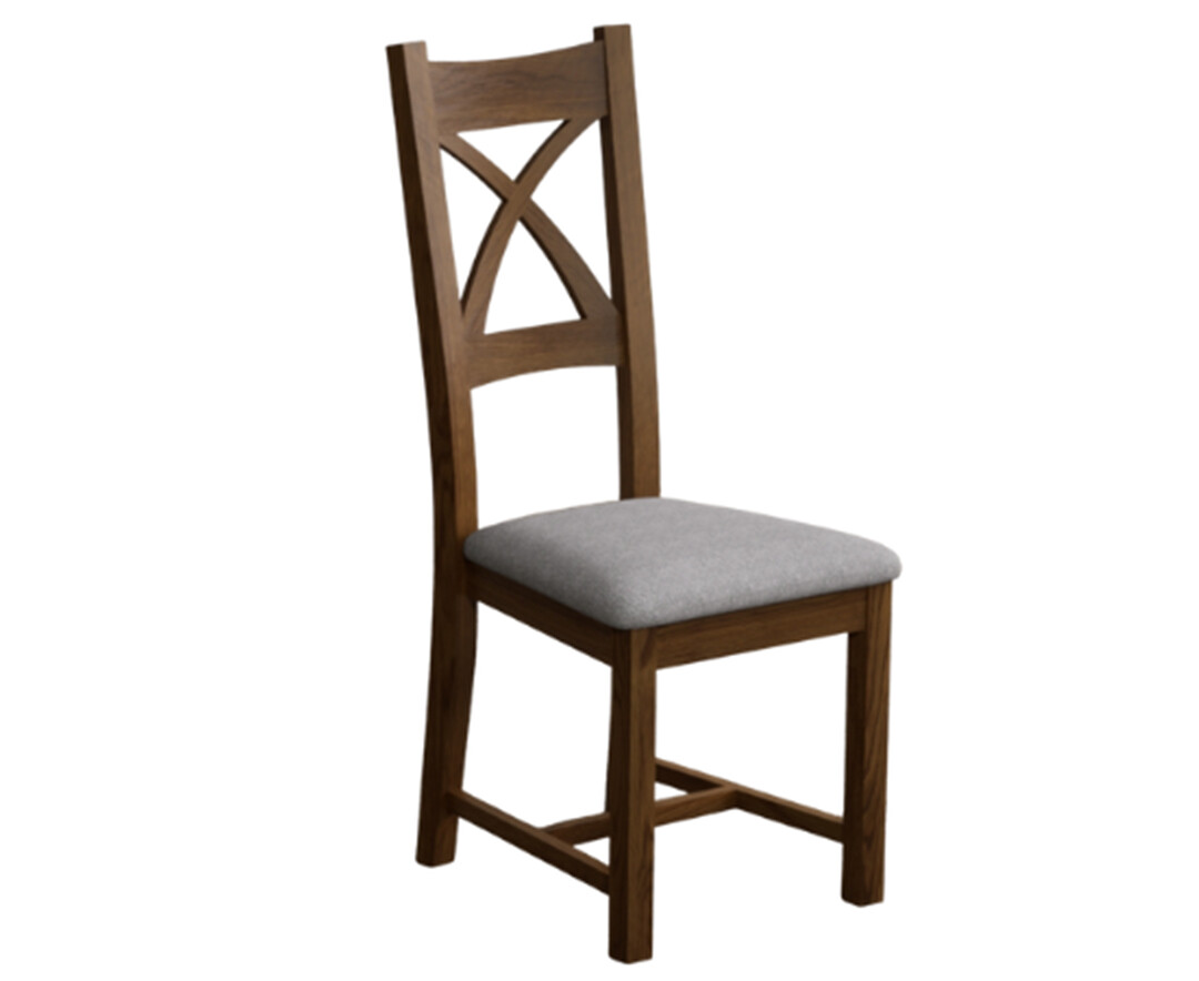 Photo 1 of Rustic solid oak x back dining chairs with light grey fabric seat pad