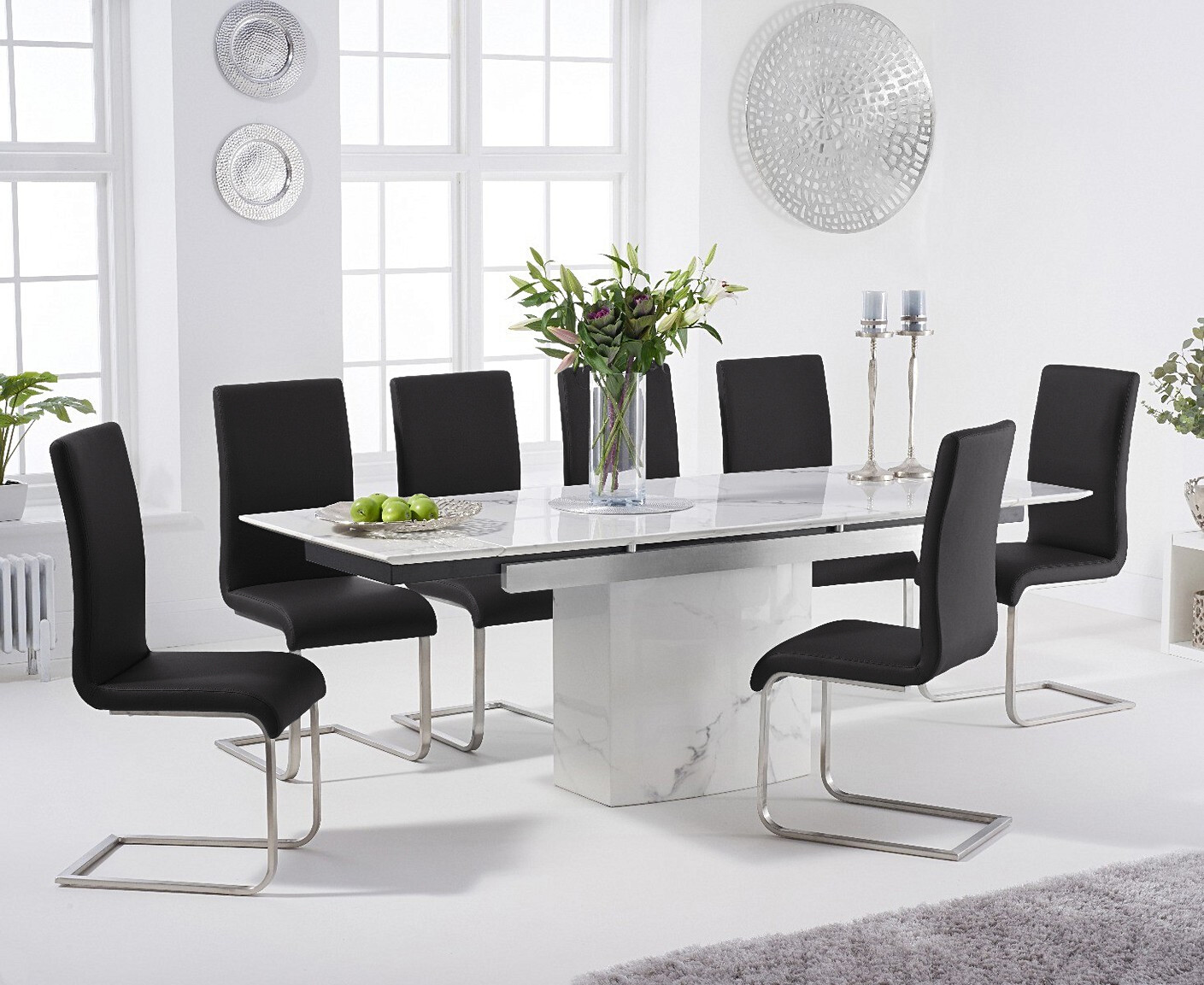 Photo 3 of Extending savona 160cm white marble dining table with 8 grey austin chairs