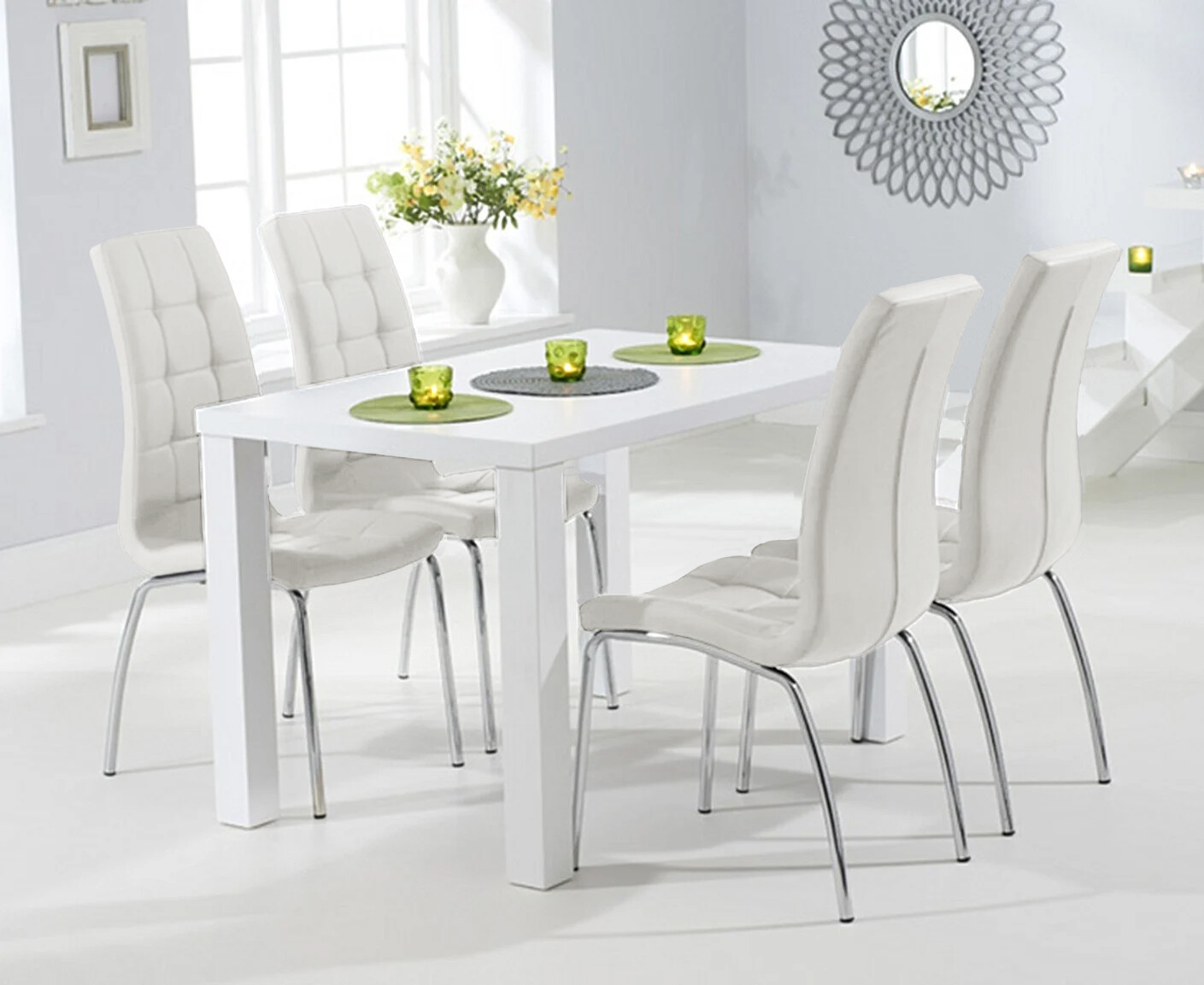 Product photograph of Seattle 120cm White High Gloss Dining Table With 4 White Enzo Chairs from Oak Furniture Superstore