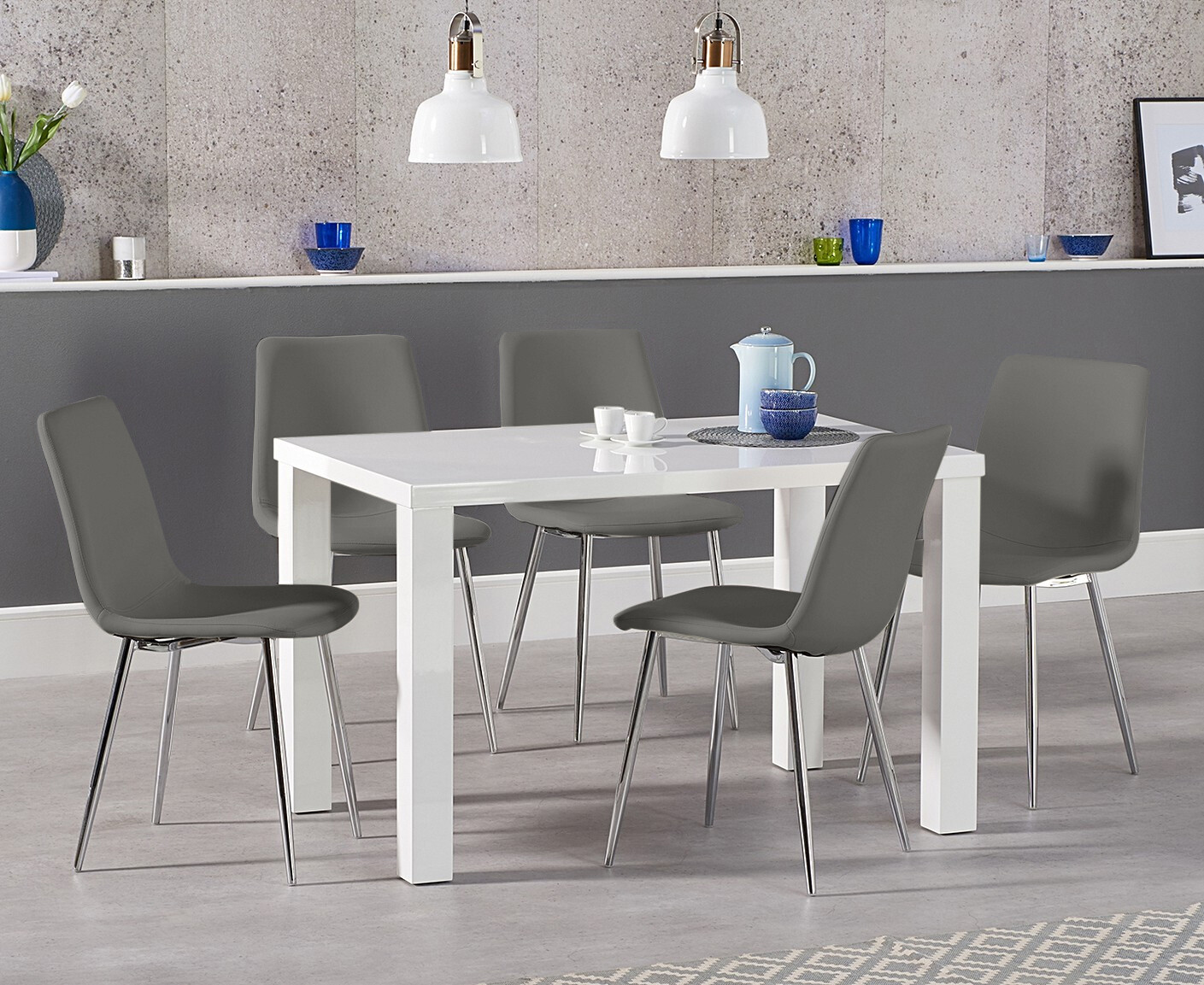 Seattle 120cm White High Gloss Dining Table With 6 Grey Astrid Faux Leather Chairs