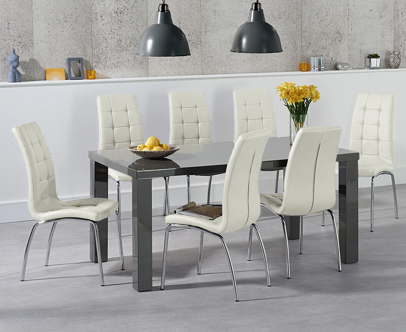 Photo 3 of Seattle 160cm dark grey high gloss dining table with 6 cream enzo chairs