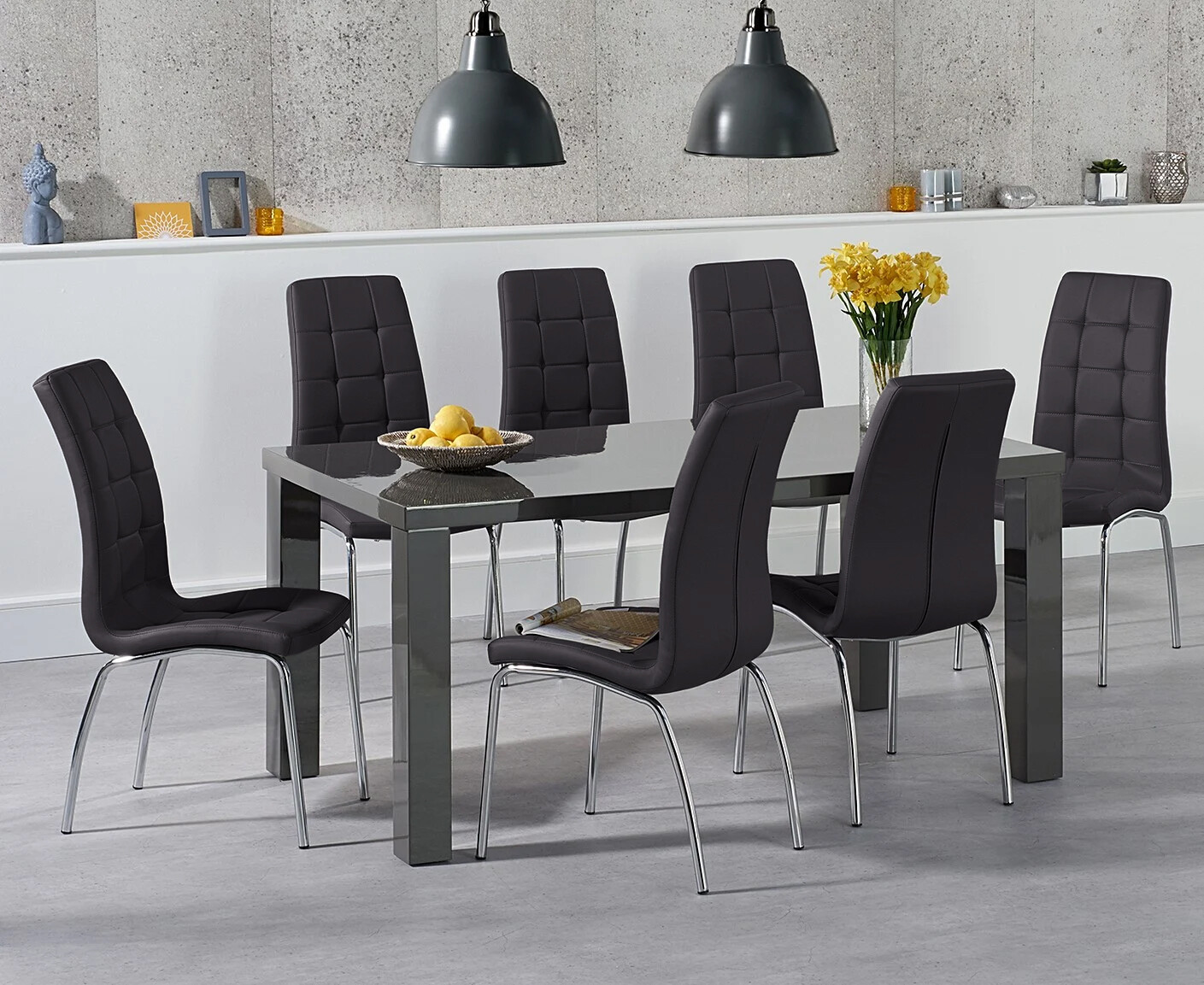 Photo 2 of Seattle 160cm dark grey high gloss dining table with 6 cream enzo chairs