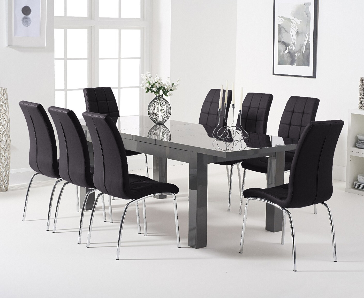 Product photograph of Extending Seattle 160cm Dark Grey High Gloss Dining Table With 4 White Enzo Chairs from Oak Furniture Superstore