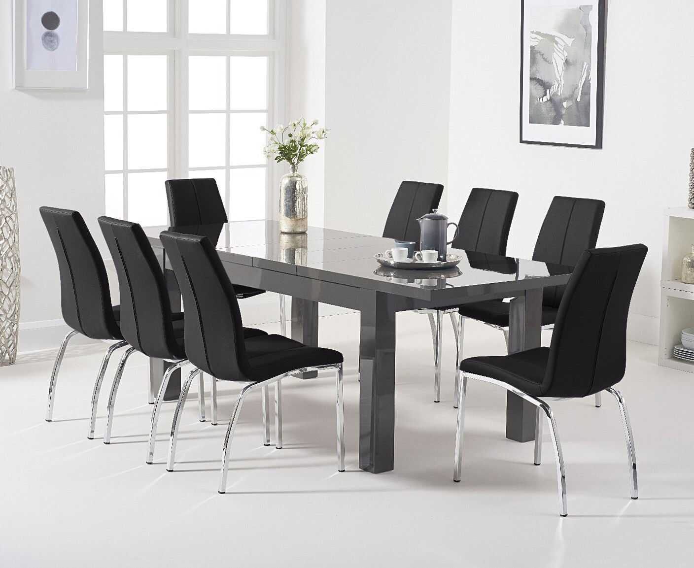 Photo 2 of Extending seattle 160cm dark grey high gloss dining table with 4 white marco chairs