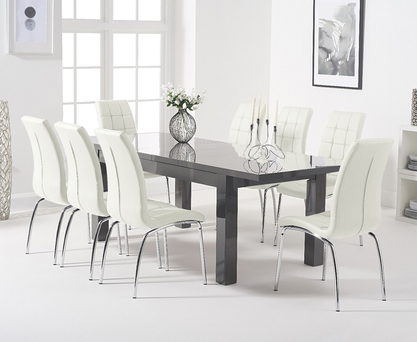 Photo 2 of Extending seattle 160cm dark grey high gloss dining table with 4 black enzo chairs