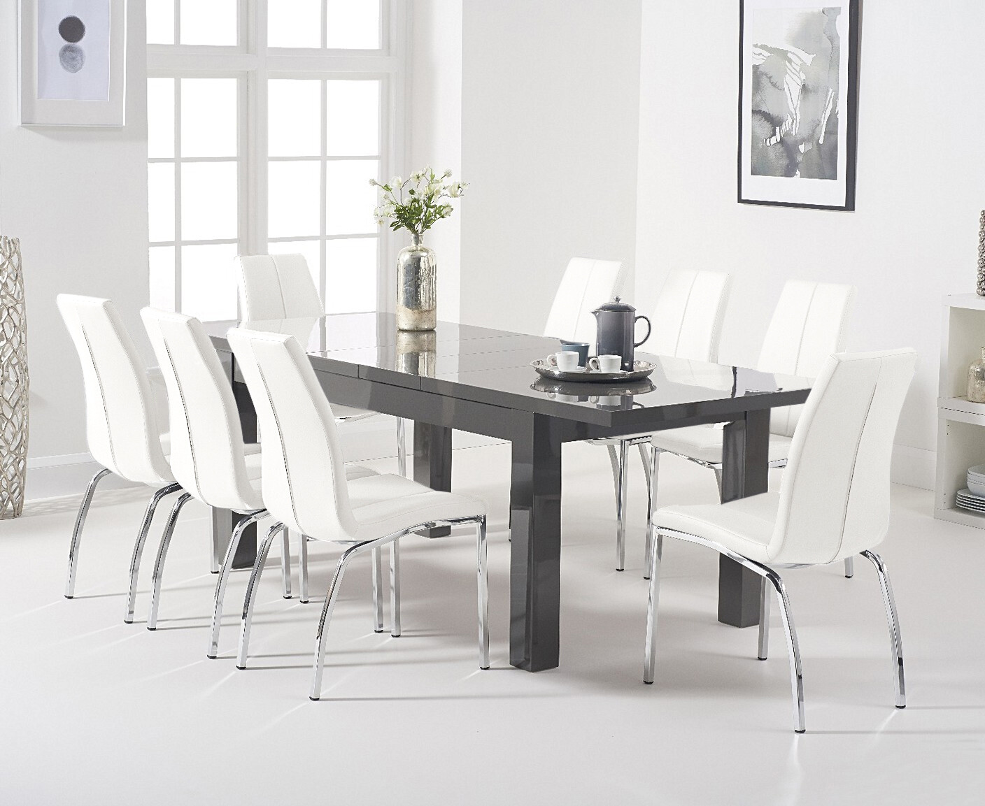 Photo 3 of Extending seattle 160cm dark grey high gloss dining table with 6 white marco chairs