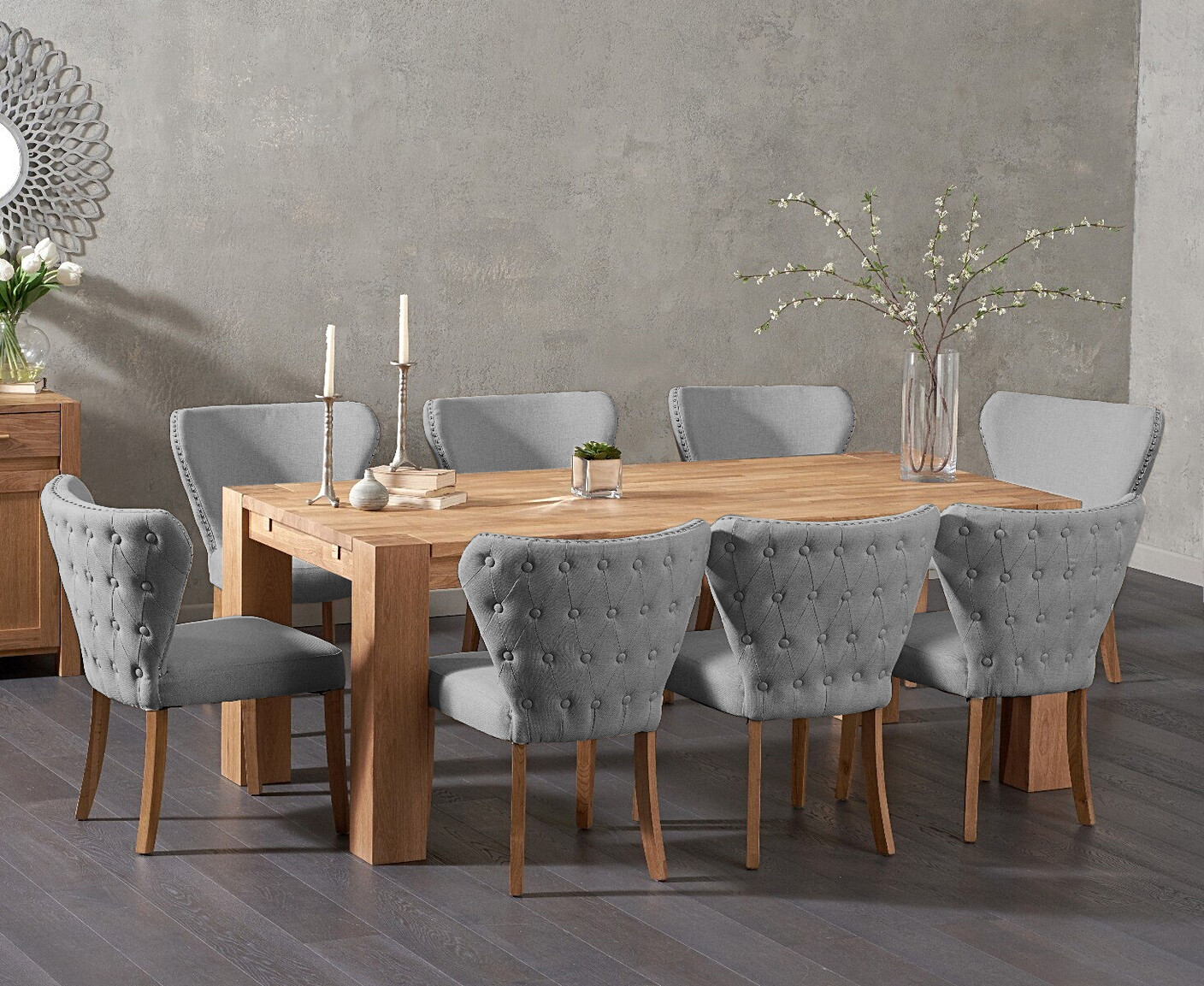 Sheringham 240cm Solid Oak Dining Table With 10 Grey Isla Chairs