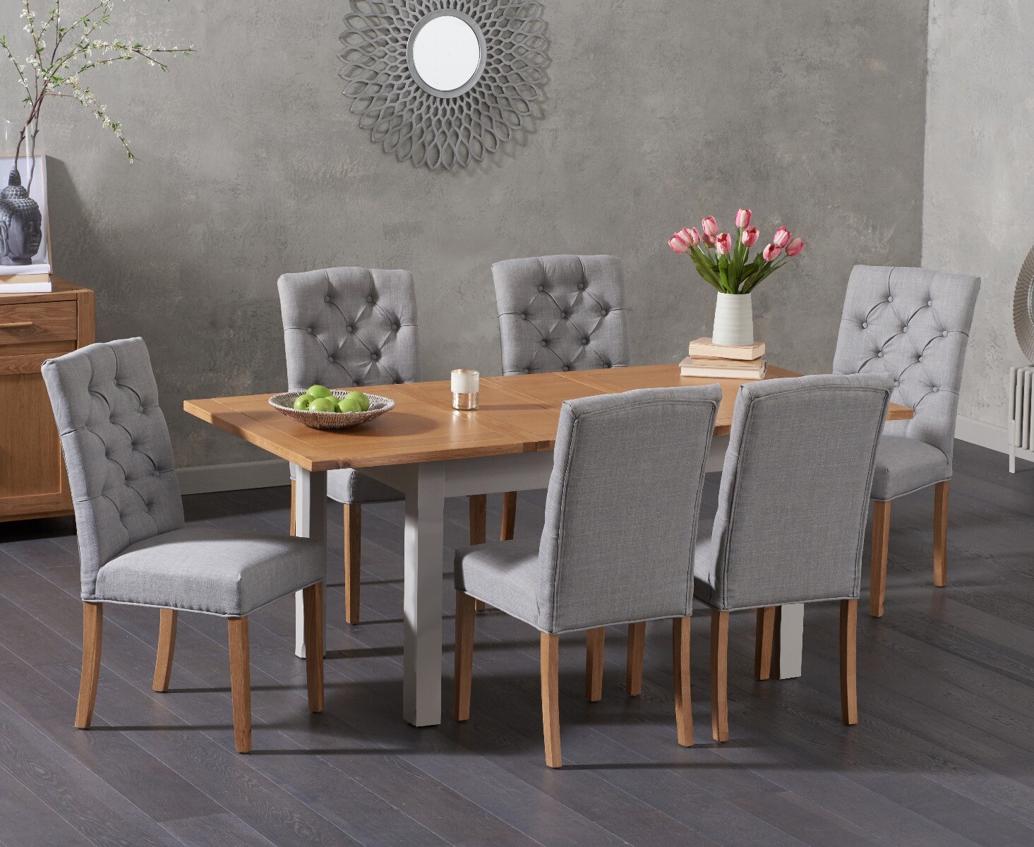 Somerset 130cm Oak And Grey Painted Extending Dining Table With 4 Grey Isabella Grey Fabric Chairs