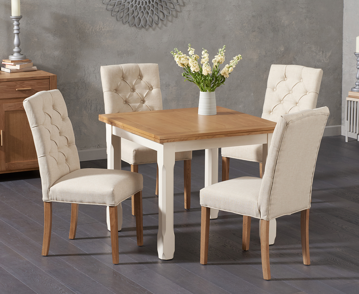Somerset 90cm Flip Top Oak And Cream Painted Dining Table With 4 Cream Isabella Cream Fabric Chairs