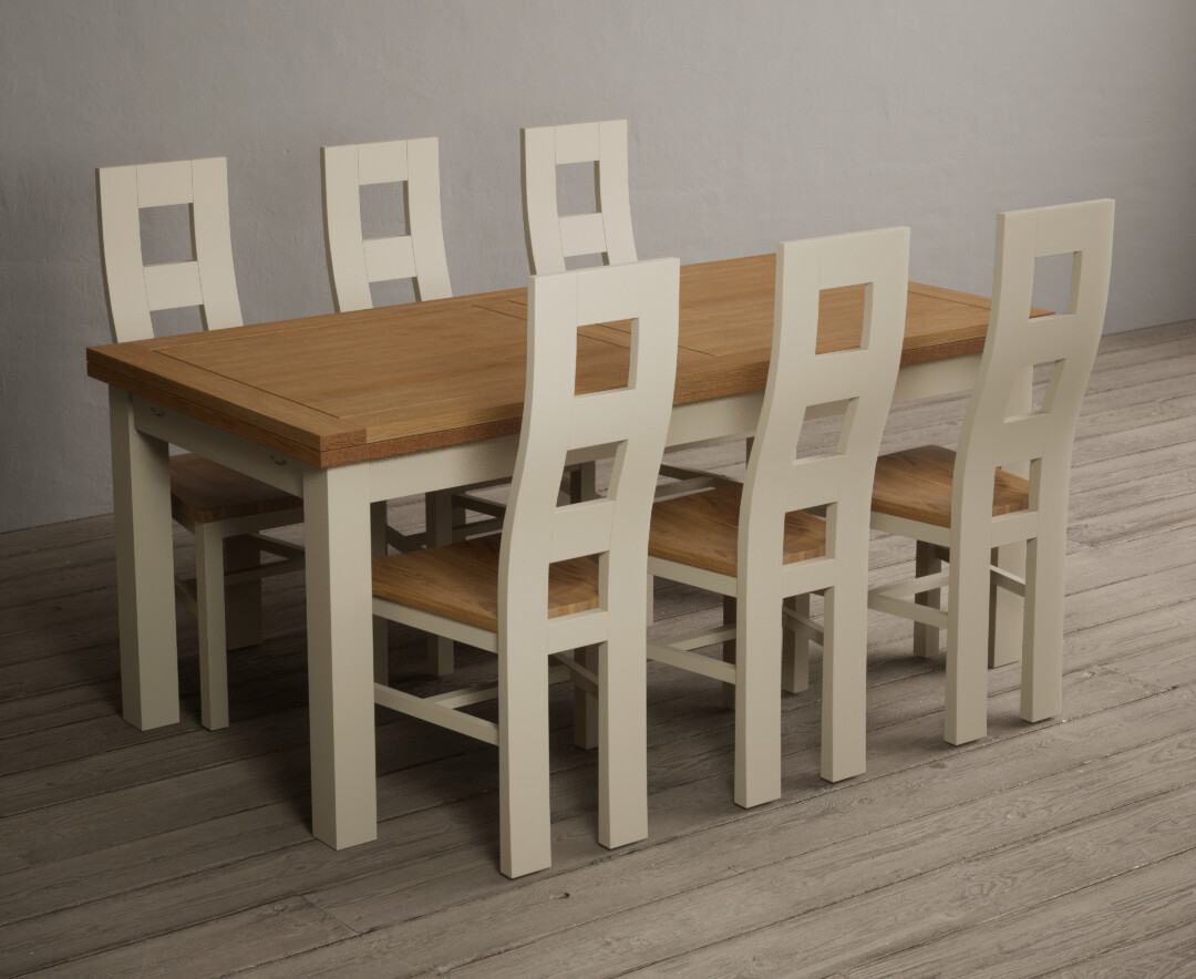 Extending Hampshire 180cm Oak And Cream Painted Dining Table With 6 Light Grey Flow Back Chairs
