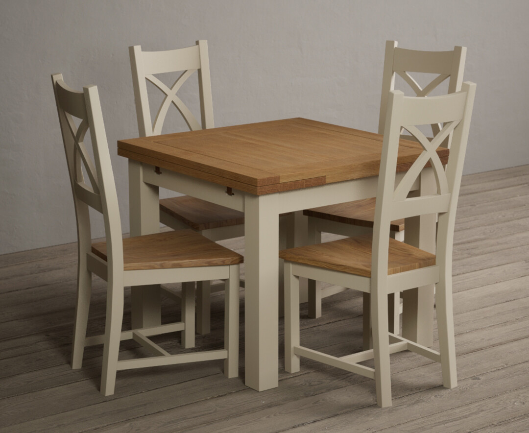 Product photograph of Extending Buxton 90cm Oak And Cream Dining Table With 4 Light Grey X Back Chairs from Oak Furniture Superstore