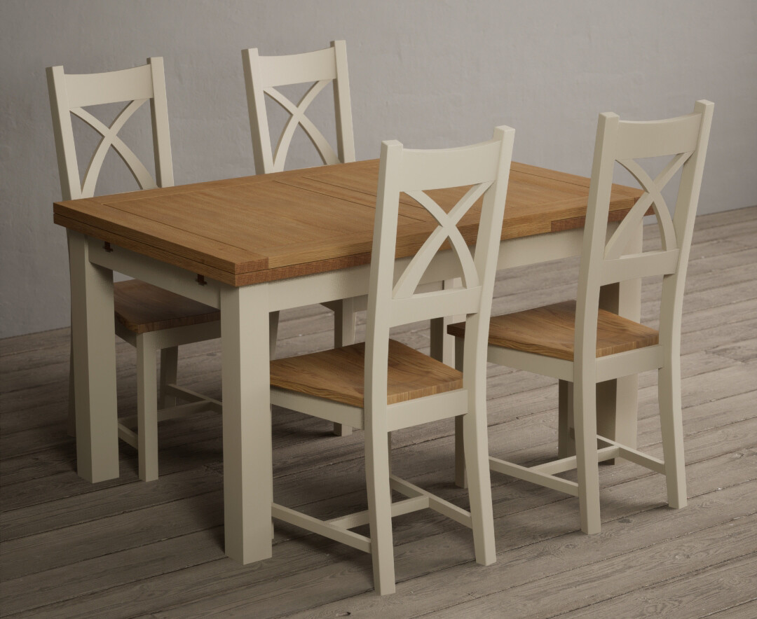 Photo 1 of Extending buxton 140cm oak and cream painted dining table with 6 blue x back chairs