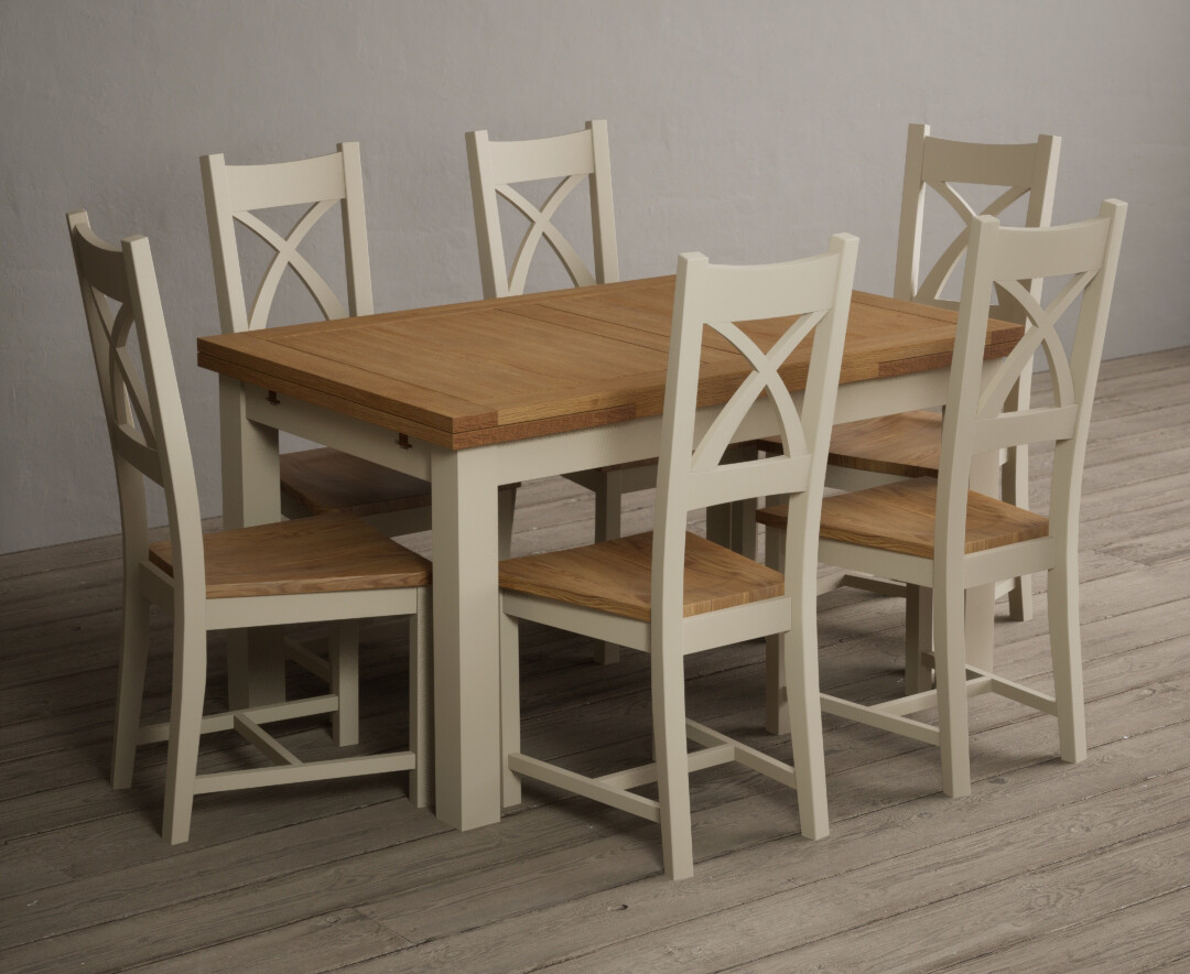 Product photograph of Extending Buxton 140cm Oak And Cream Painted Dining Table With 8 Linen X Back Chairs from Oak Furniture Superstore