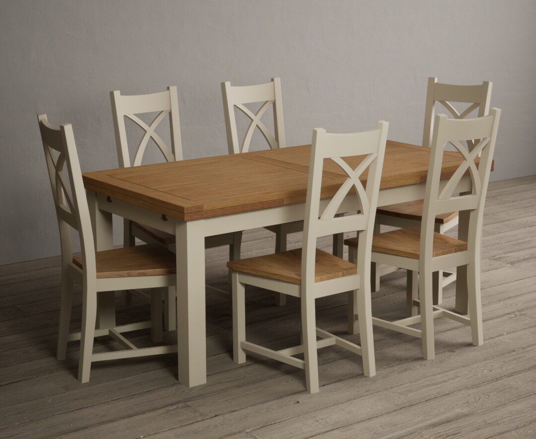 Extending Hampshire 180cm Oak And Cream Painted Dining Table With 8 Linen X Back Chairs
