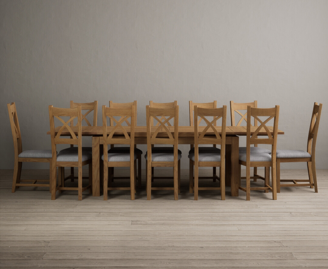 Extending Buxton 180cm Solid Oak Dining Table With 12 Blue Natural Solid Oak Chairs