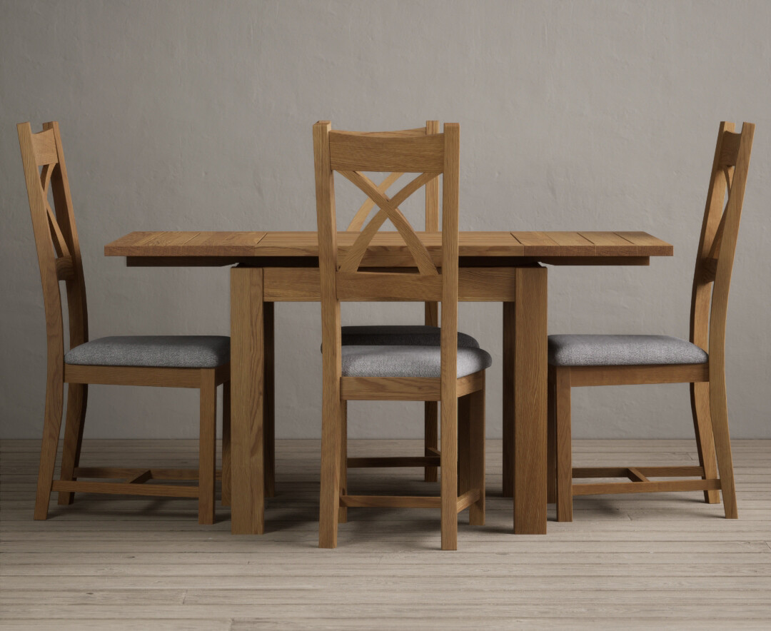 Extending Buxton 90cm Solid Oak Dining Table With 6 Linen Natural Solid Oak Chairs